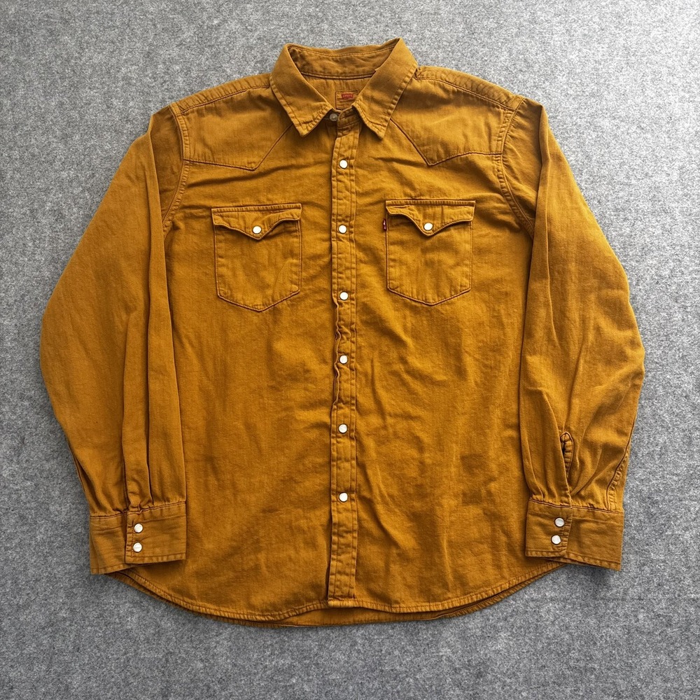 Levi's Pearl Snap Shirt Mens XL Tan Western Standard Fit Cotton Twill Cowboy